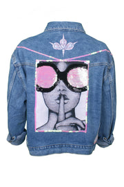 Mid-wash denim jacket lady sunglasses print with pink sequin panels