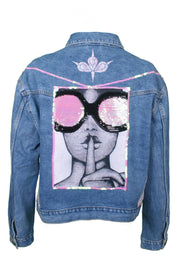 Mid-wash denim jacket lady sunglasses print with pink sequin panels