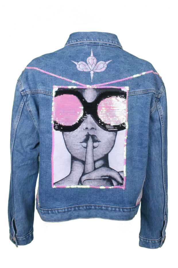 Mid-wash denim jacket lady sunglasses print with pink sequin panels