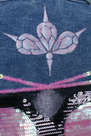 Mid-wash denim jacket lady sunglasses print with pink sequin panels