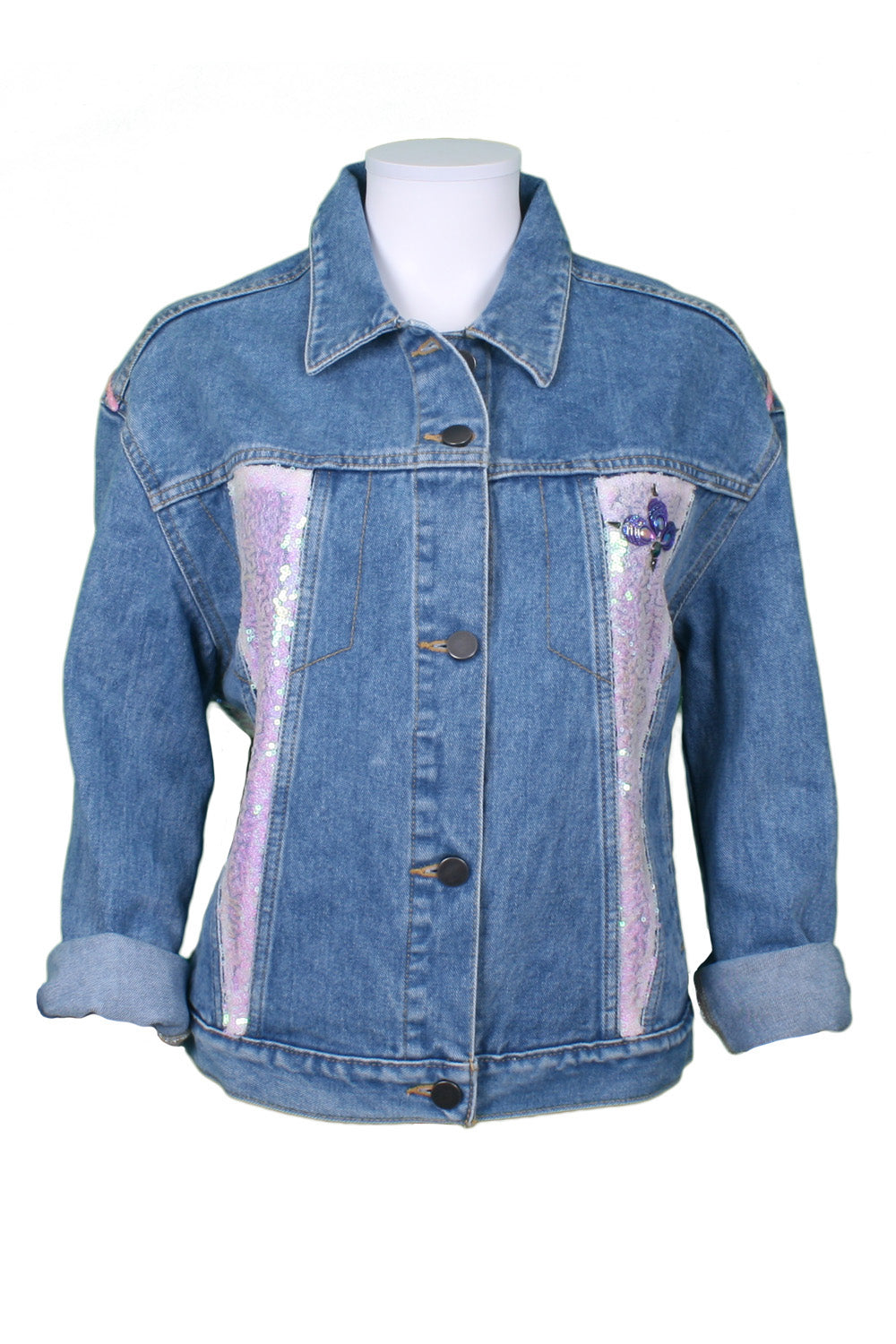 Mid-wash denim jacket lady sunglasses print with pink sequin panels