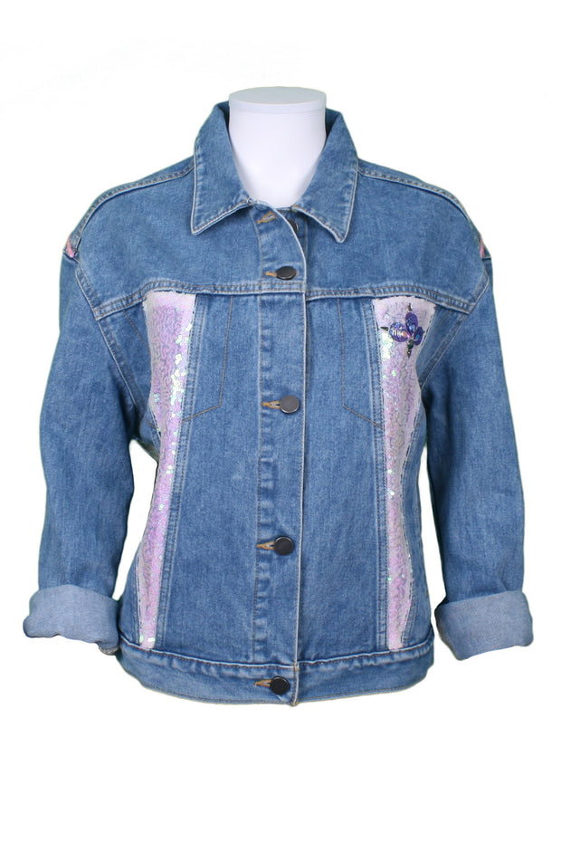 Mid-wash denim jacket lady sunglasses print with pink sequin panels