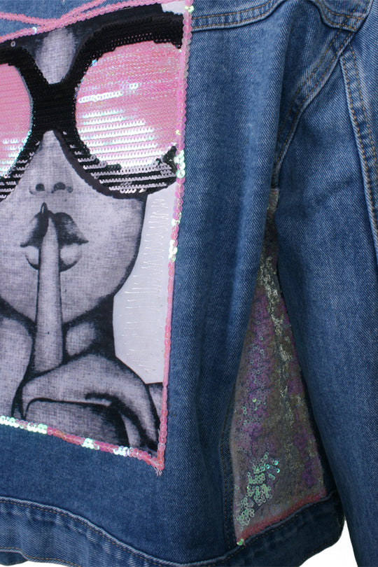 Mid-wash denim jacket lady sunglasses print with pink sequin panels
