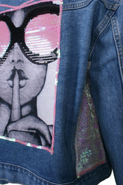 Mid-wash denim jacket lady sunglasses print with pink sequin panels