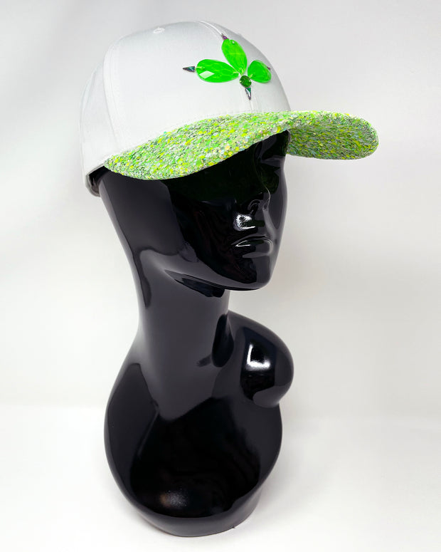 White & Neon Green Glitter Curved Peak Cap