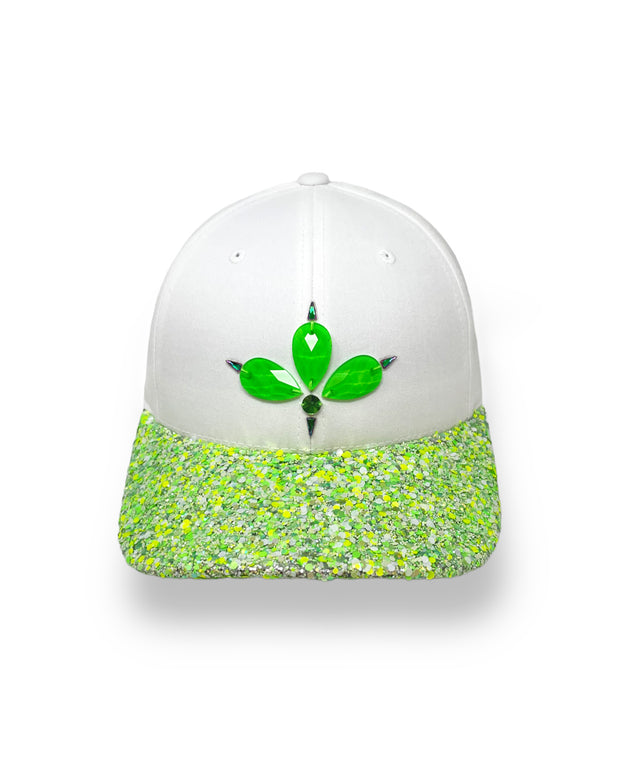 White & Neon Green Glitter Curved Peak Cap