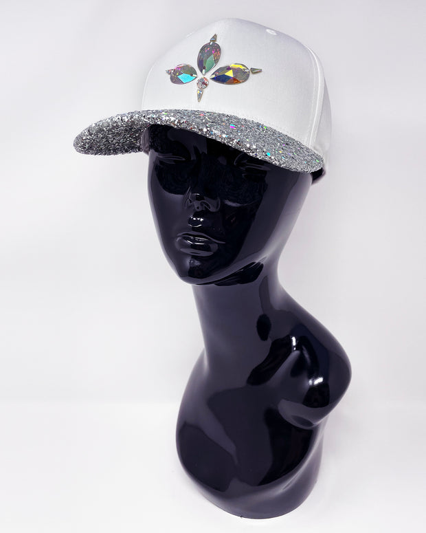 White & Silver Glitter Curved Peak Cap