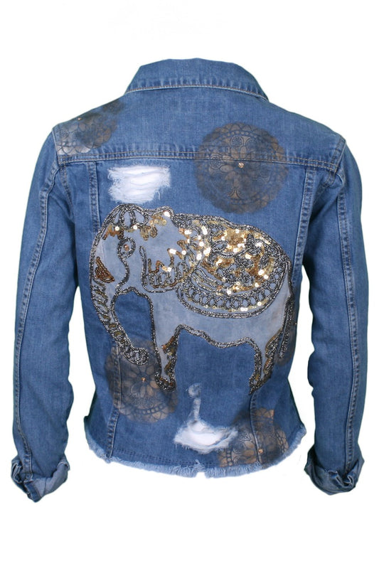 Denim jacket elephant embroidery with gold sequin embellishment
