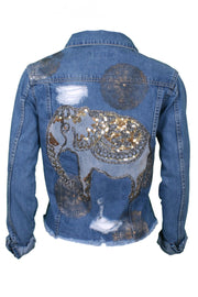 Denim jacket elephant embroidery with gold sequin embellishment