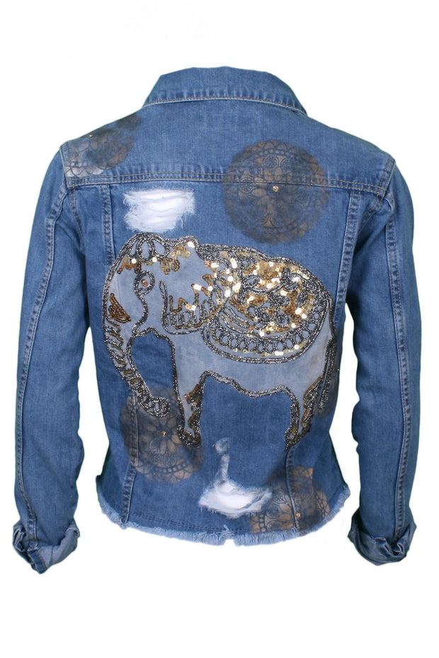 Denim jacket elephant embroidery with gold sequin embellishment