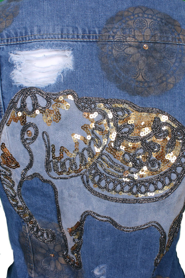 Denim jacket elephant embroidery with gold sequin embellishment