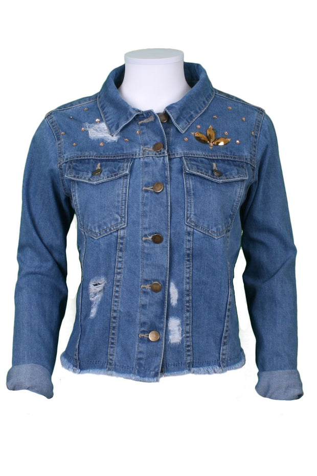 Denim jacket elephant embroidery with gold sequin embellishment