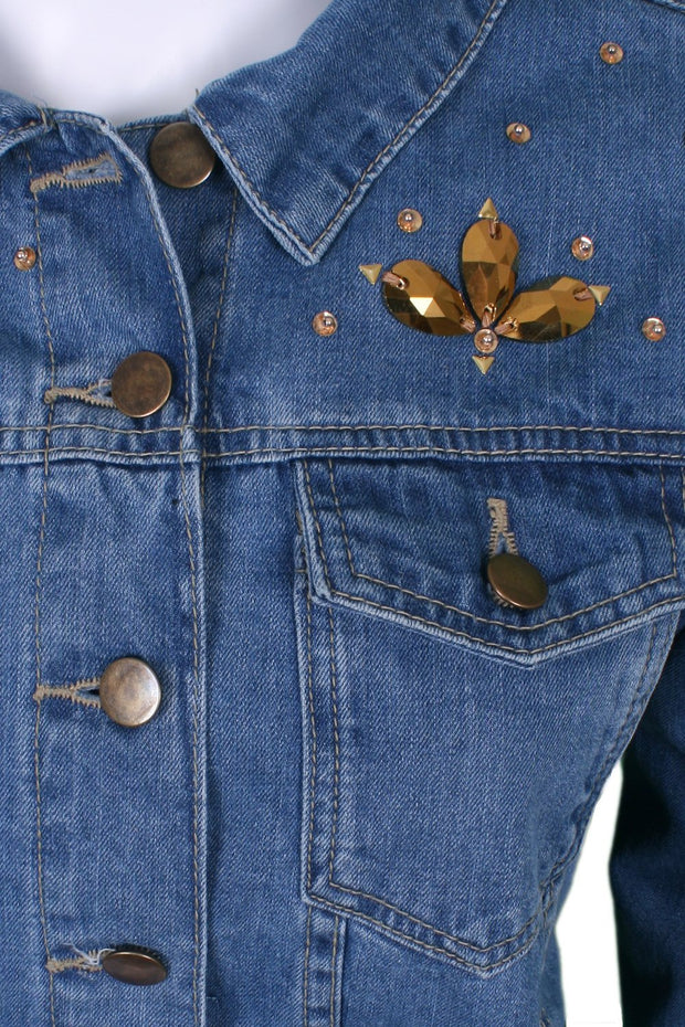 Denim jacket elephant embroidery with gold sequin embellishment
