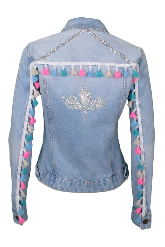 Light-wash denim jacket with tassel sleeves and crystal trims