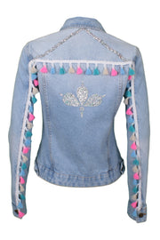 Light-wash denim jacket with tassel sleeves and crystal trims