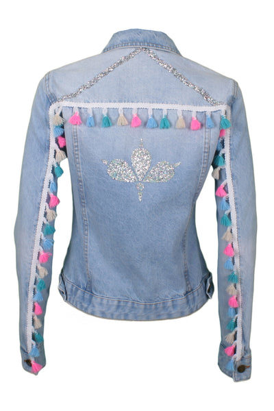 Light-wash denim jacket with tassel sleeves and crystal trims