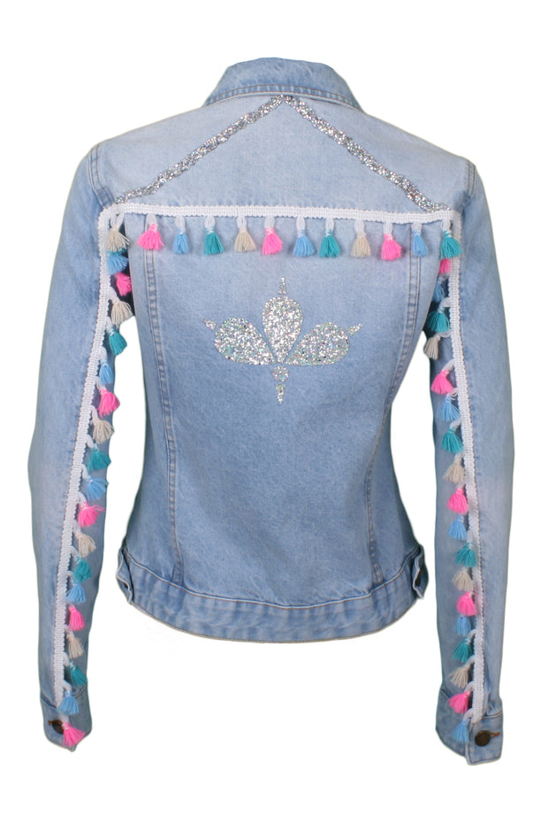 Light-wash denim jacket with tassel sleeves and crystal trims