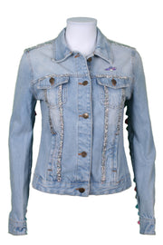 Light-wash denim jacket with tassel sleeves and crystal trims