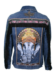Oversized denim jacket elephant print with fringe sleeves