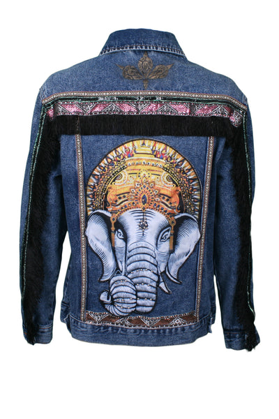 Oversized denim jacket elephant print with fringe sleeves