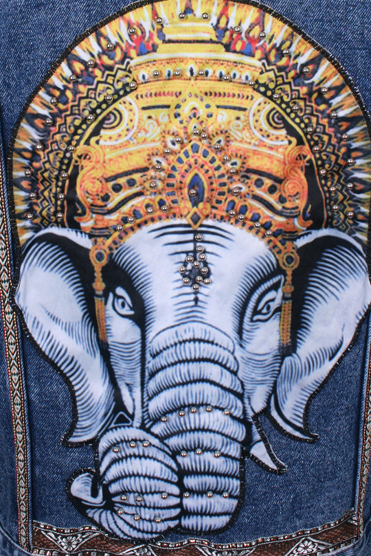 Oversized denim jacket elephant print with fringe sleeves