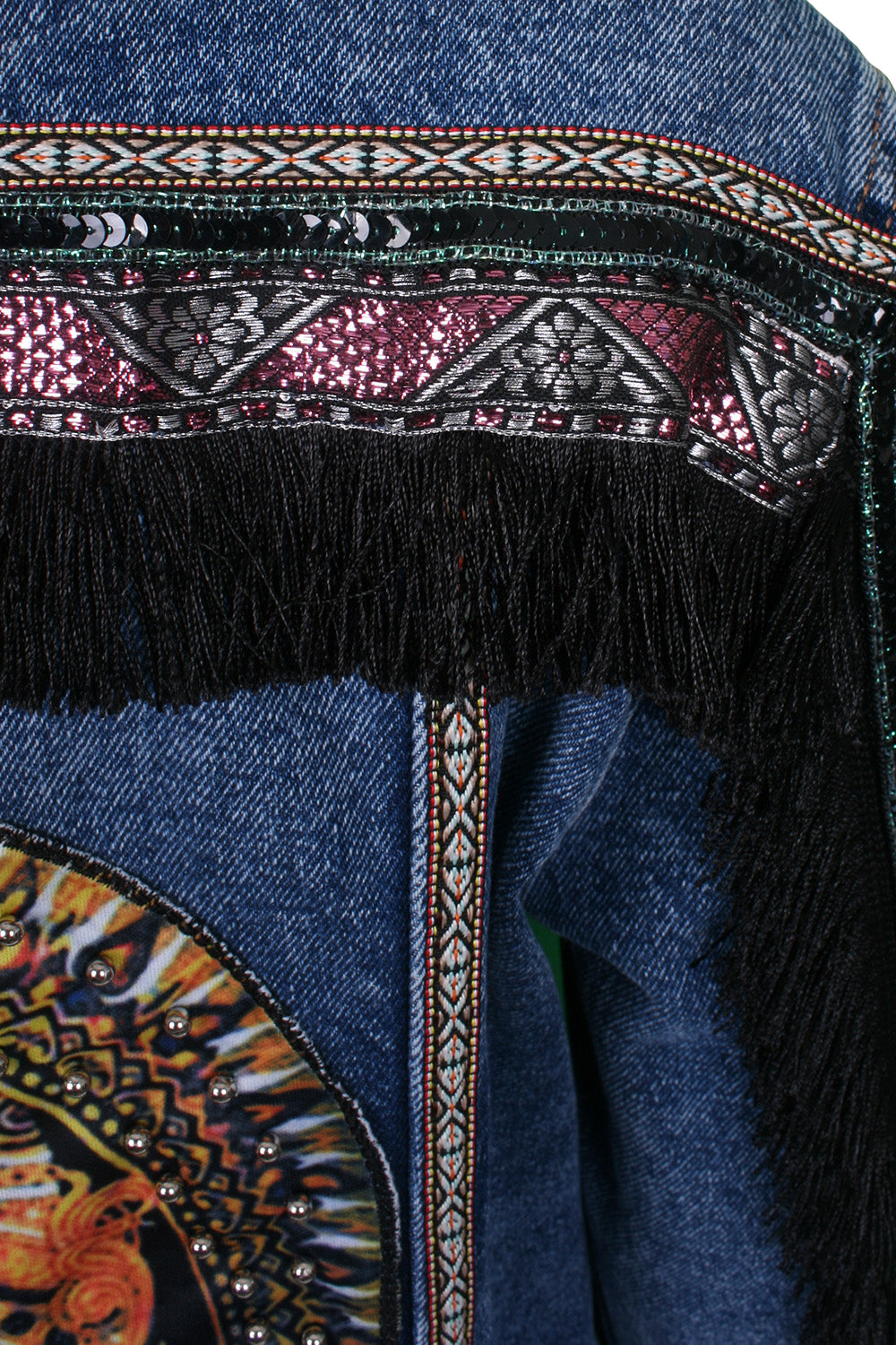 Oversized denim jacket elephant print with fringe sleeves