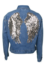 Mid-wash denim jacket gold wings with sequin and stud trims