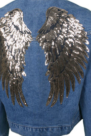Mid-wash denim jacket gold wings with sequin and stud trims