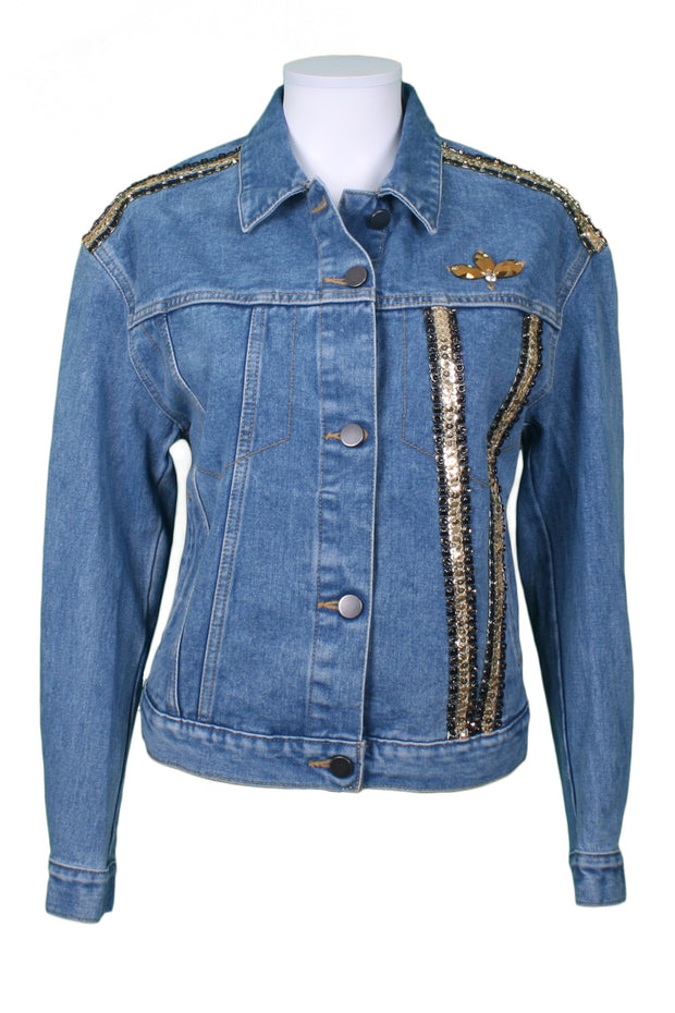 Mid-wash denim jacket gold wings with sequin and stud trims