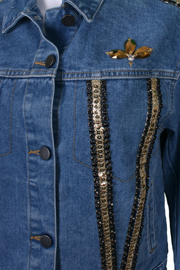 Mid-wash denim jacket gold wings with sequin and stud trims