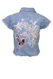 Cropped sleeveless denim jacket floral hummingbird embroidery