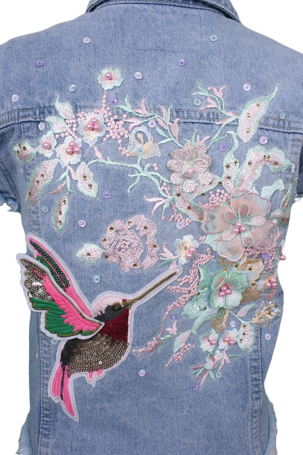 Cropped sleeveless denim jacket floral hummingbird embroidery