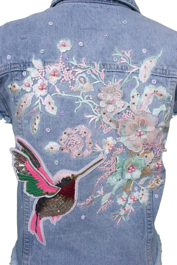 Cropped sleeveless denim jacket floral hummingbird embroidery