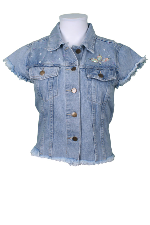 Cropped sleeveless denim jacket floral hummingbird embroidery