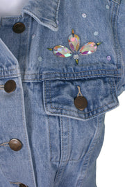 Cropped sleeveless denim jacket floral hummingbird embroidery