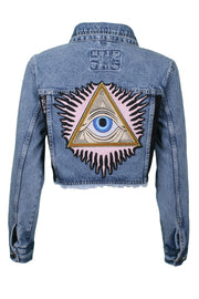 Crop denim jacket eye embroidery and black sequin panels