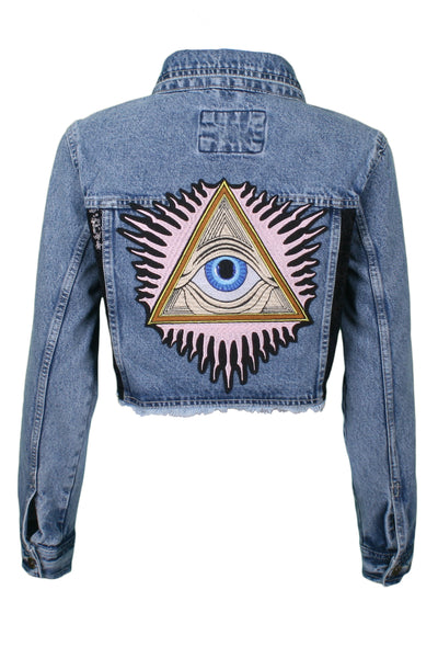 Crop denim jacket eye embroidery and black sequin panels