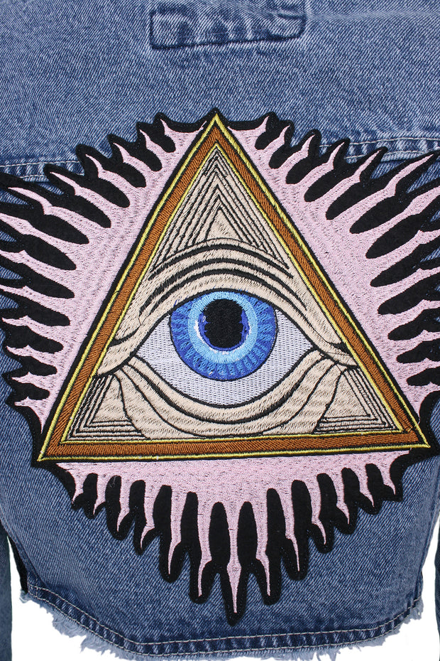 Crop denim jacket eye embroidery and black sequin panels