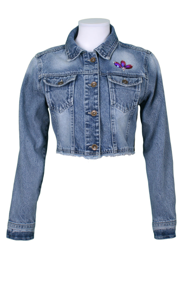 Crop denim jacket eye embroidery and black sequin panels