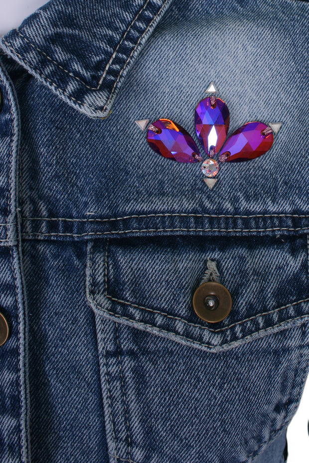 Crop denim jacket eye embroidery and black sequin panels