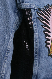 Crop denim jacket eye embroidery and black sequin panels