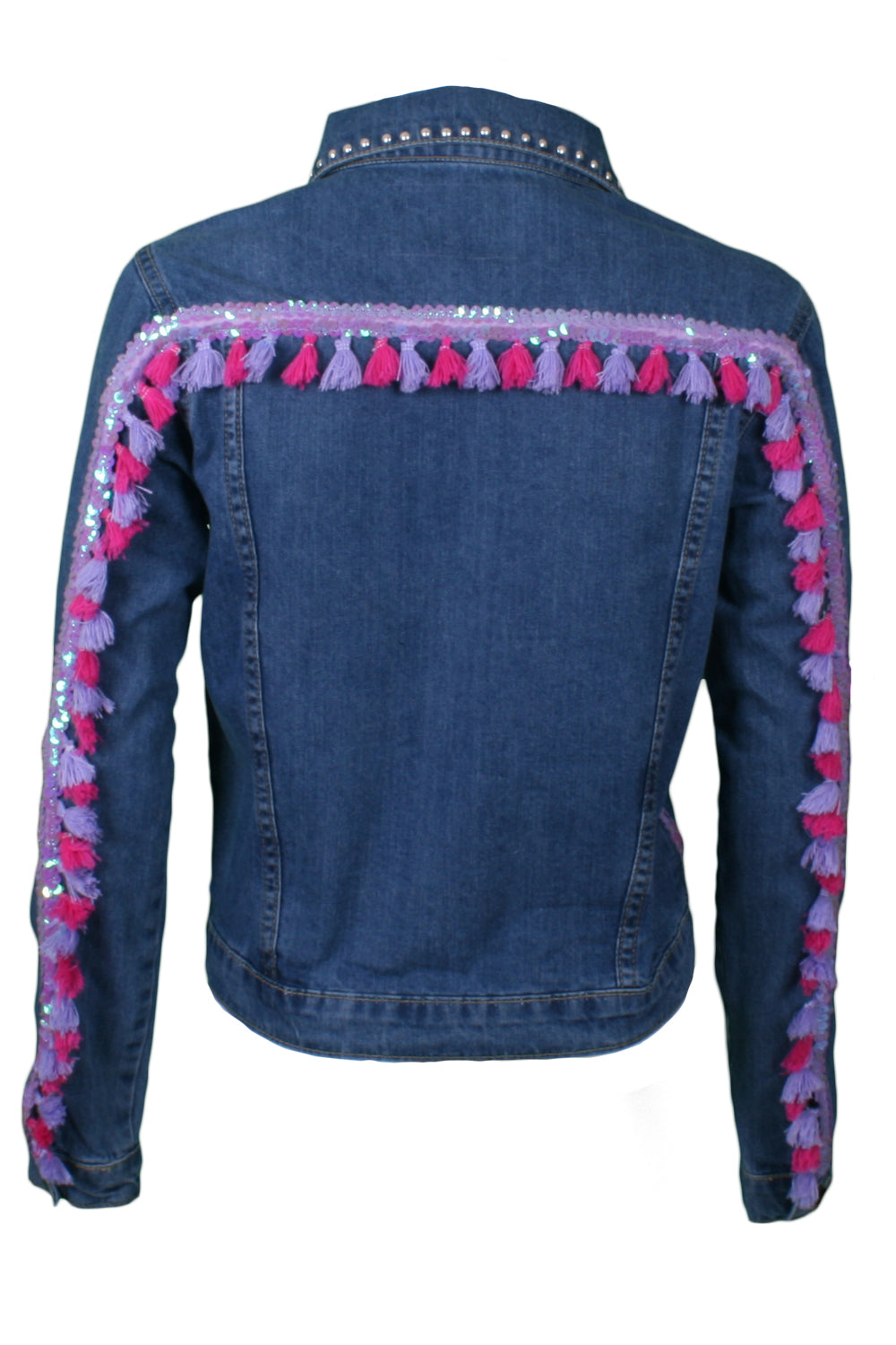 Studded denim jacket with sequins and tassel sleeves