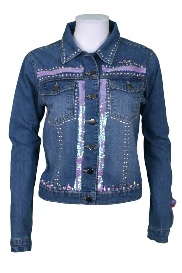 Studded denim jacket with sequins and tassel sleeves