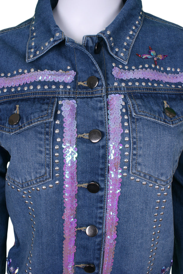 Studded denim jacket with sequins and tassel sleeves