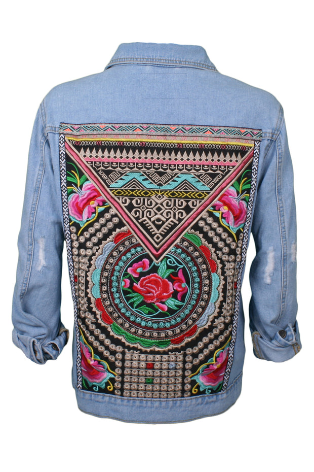Light-wash denim jacket aztec rose embroidery with rips