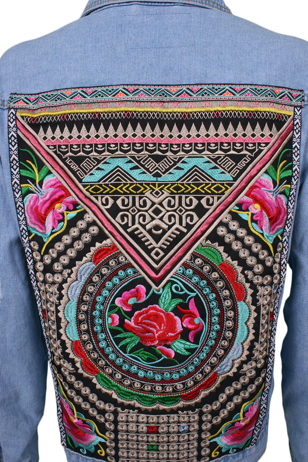 Light-wash denim jacket aztec rose embroidery with rips