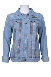 Light-wash denim jacket aztec rose embroidery with rips